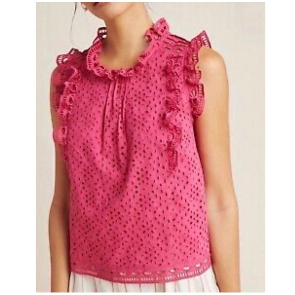 Maeve Anthropologie Womens Feminine Raspberry Eyelet Ruffle Tilly Blouse Size 8